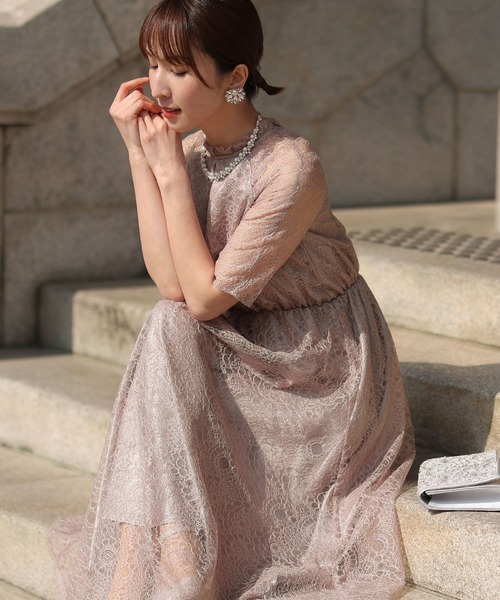 PourVous ドレス 七分袖＆ミモレ丈 パーティードレス プチフリル大きい