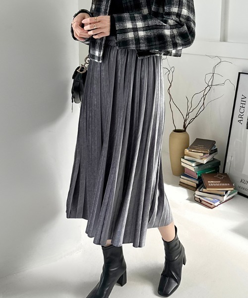 COCOMOMO スカート 上品な光沢感 ベロアスカート プリーツ ベロア