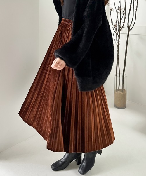 COCOMOMO スカート 上品な光沢感 ベロアスカート プリーツ ベロア