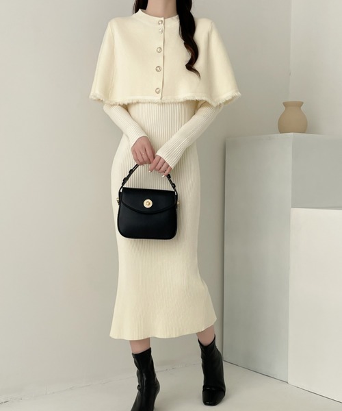 Diosfront ワンピース ケープ付きバックスリットリブニットワンピース  