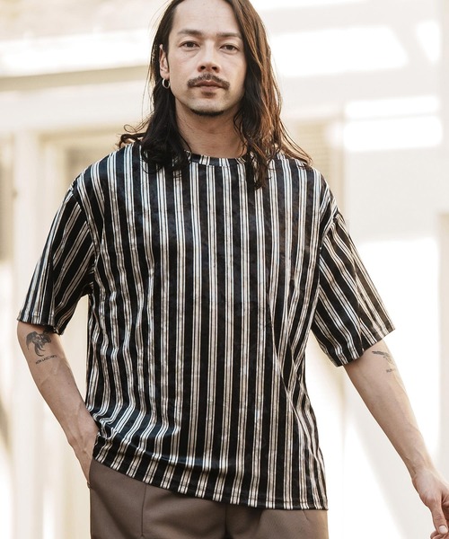 CAMBIO tシャツ mt8827- ストライプベロアTシャツ メンズ