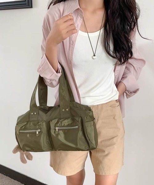 shopnikoniko ボストンバッグ ダブルポケット ナイロン 横長