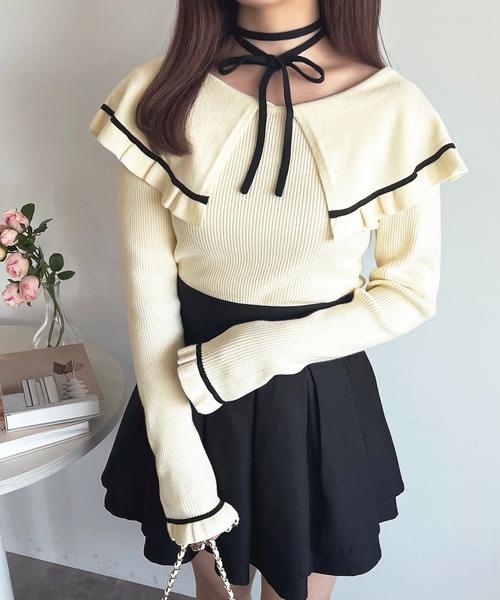 リボン付きグレーリブ編み長袖セーター apres jour（アプレジュール） ニット セーター リボン付きライン