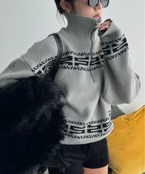 SHAGGIE（シャギー） ニット セーター ニュアンス柄ハーフジップ