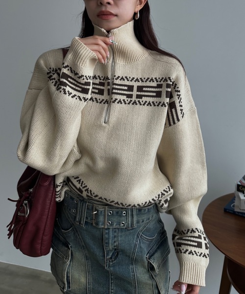 SHAGGIE（シャギー） ニット セーター ニュアンス柄ハーフジップ