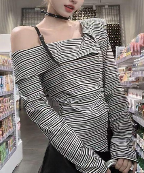 tシャツ ショルダーファスナーTOPS レディース AsheKsha tシャツ 非規則襟 オフショルダストライブトップス