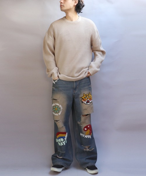 メンズ デニムパンツ ボアワッペン レトロ アメカジ ルーズi7366 メンズ デニムパンツ ボアワッペン レトロ アメカジ ルーズi7366