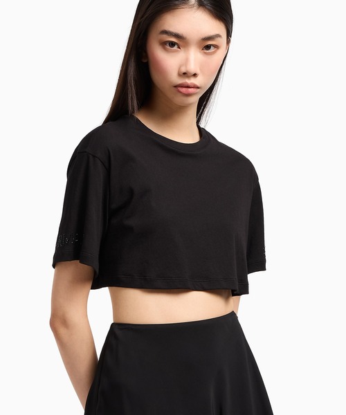 tシャツ 「A|X アルマーニ エクスチェンジ」ストーンロゴ スーパークロップド 半袖クルーネックTシャツ/SUPER CROPPED レディース