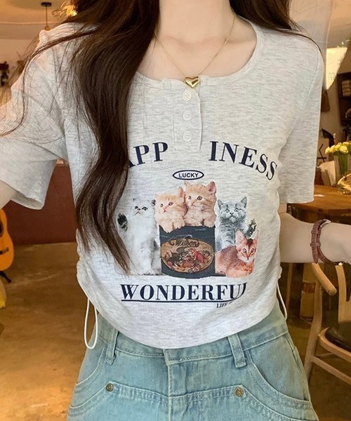 shopnikoniko tシャツ チビT 半袖 ショート丈 猫 プリント