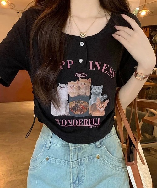 shopnikoniko tシャツ チビT 半袖 ショート丈 猫 プリント