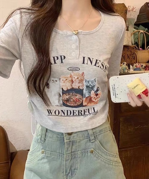 shopnikoniko tシャツ チビT 半袖 ショート丈 猫 プリント
