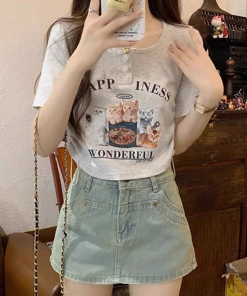 shopnikoniko tシャツ チビT 半袖 ショート丈 猫 プリント