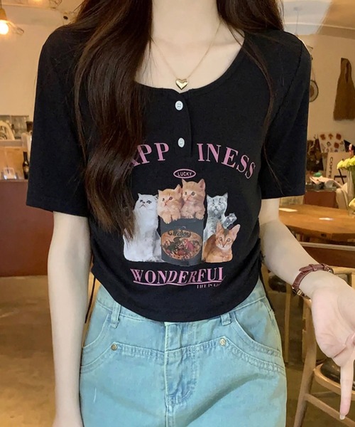 shopnikoniko tシャツ チビT 半袖 ショート丈 猫 プリント