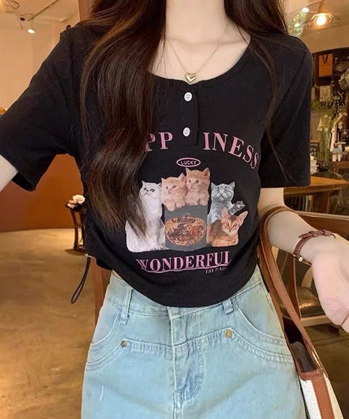 shopnikoniko tシャツ チビT 半袖 ショート丈 猫 プリント