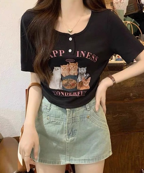 shopnikoniko tシャツ チビT 半袖 ショート丈 猫 プリント
