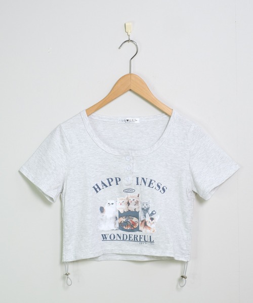 Y2K 半袖 Tシャツ ショートトップス ハイネック キュート shopnikoniko tシャツ チビT 半袖 ショート丈 猫 プリント