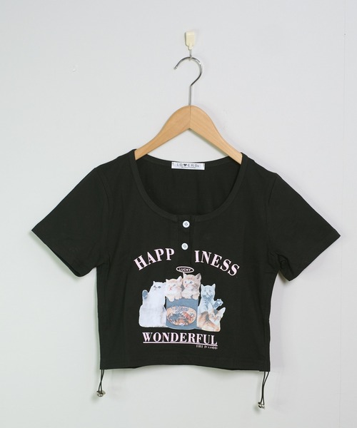 shopnikoniko tシャツ チビT 半袖 ショート丈 猫 プリント