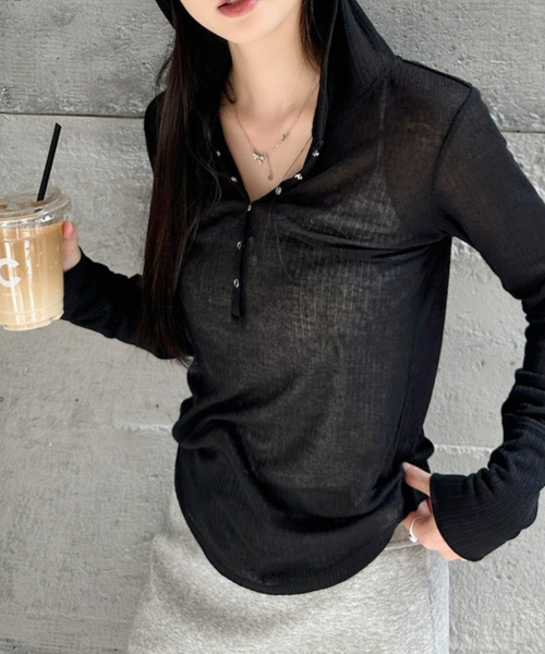 ANN DEMEULEMEESTER2006AWフード付カットソーXS黒ベージュ Ada. ヘンリーネック tシャツ スナップボタン フード付き ロンT