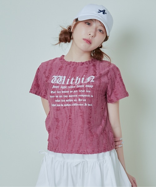 tシャツ 半袖 「ダメージ加工×英字ロゴ」エモTシャツ レディース