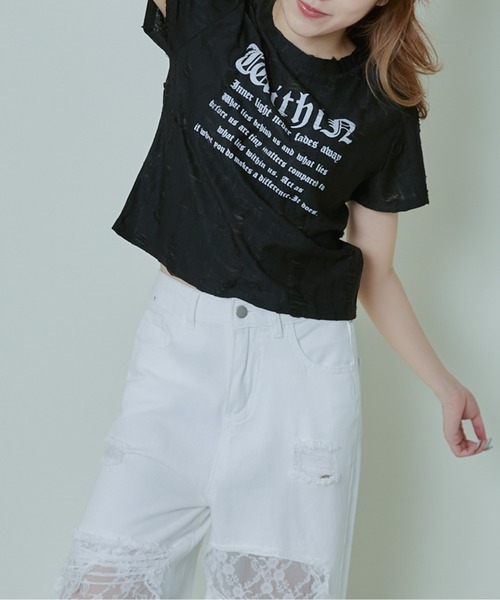 tシャツ 半袖 「ダメージ加工×英字ロゴ」エモTシャツ レディース