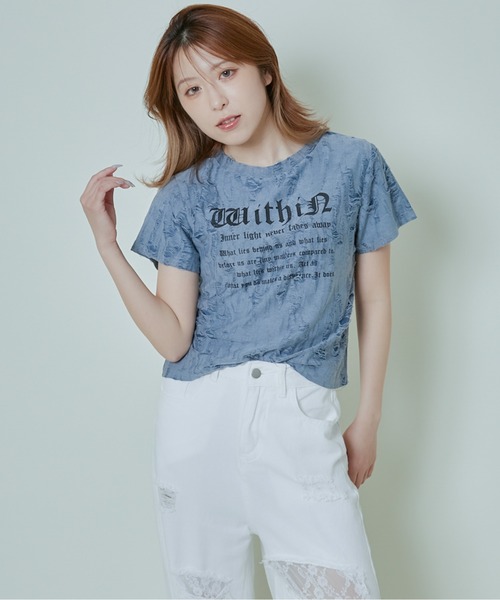 tシャツ 「ダメージ加工×英字ロゴ」エモTシャツ レディース