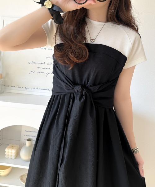 「classicalelf」 半袖ワンピース SMALL チャコールグレー×ブラック レディース_画像2