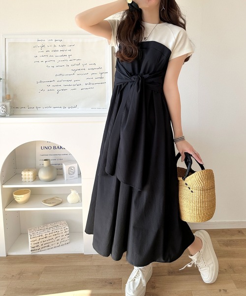 「classicalelf」 半袖ワンピース SMALL チャコールグレー×ブラック レディース_画像3