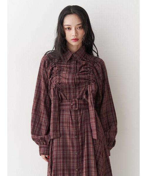 jouetie（ジュエティ） ワンピース ドロストリボンチェックシャツ