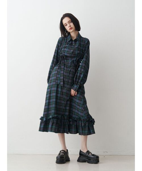 jouetie（ジュエティ） ワンピース ドロストリボンチェックシャツ