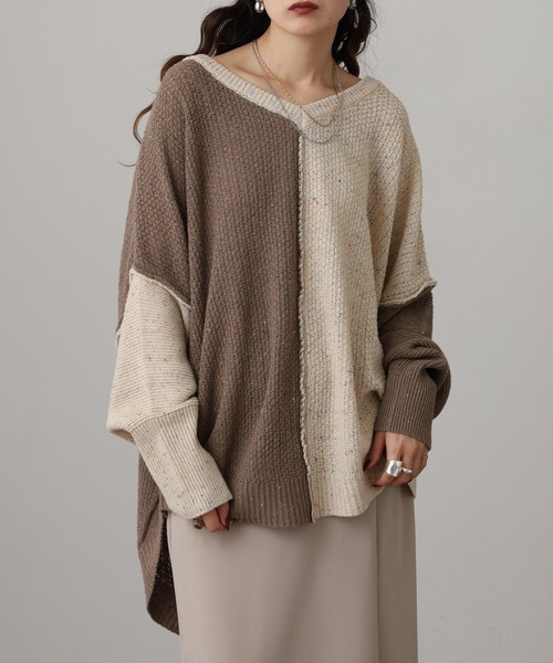 myke ニット セーター カラーネップ 配色Vネックドルマンニットプル