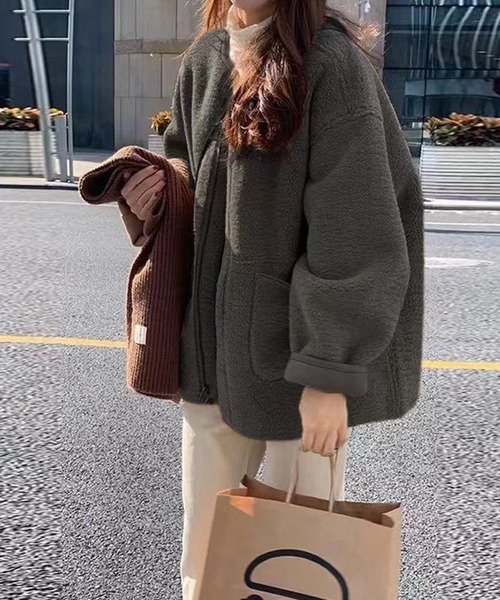 「aimoha」 ノーカラージャケット LARGE チョコ レディース_画像7