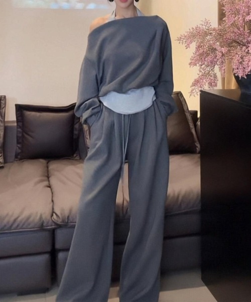 Songe セットアップ 2点セットアップレイヤード風オフショルダー