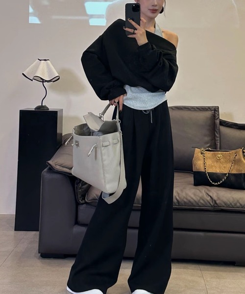 Songe セットアップ 2点セットアップレイヤード風オフショルダー