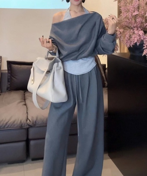 Songe セットアップ 2点セットアップレイヤード風オフショルダー