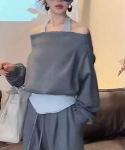 Songe セットアップ 2点セットアップレイヤード風オフショルダー