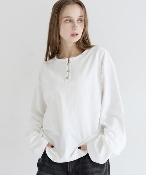 Vailad ヘンリーネック リブカットソー ホワイト Lサイズ LILL（リル） ヘンリーネック tシャツ シルバーパーツヘビーウエイト