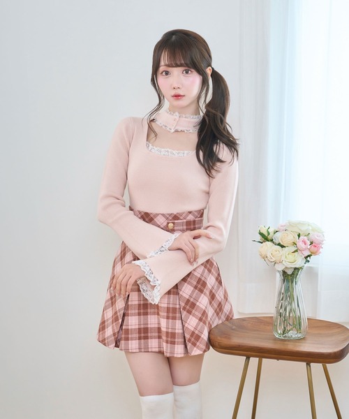 Rosé Muse ロゼミューズ リボン チュール ニット トップス ピンク Ros Muse ロゼミューズ ロゼミュTulle o/shoulder like knit tops