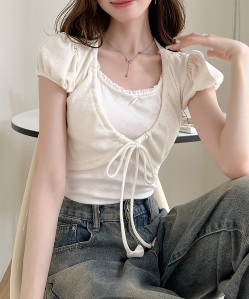 Ada. tシャツ 半袖 ボレロ重ね着風 フロント リボン シャーリング