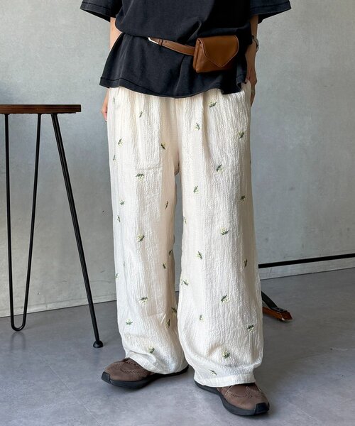 CPCM（シーピーシーエム） ワイドパンツ パンツ シアー花柄刺繍パンツ