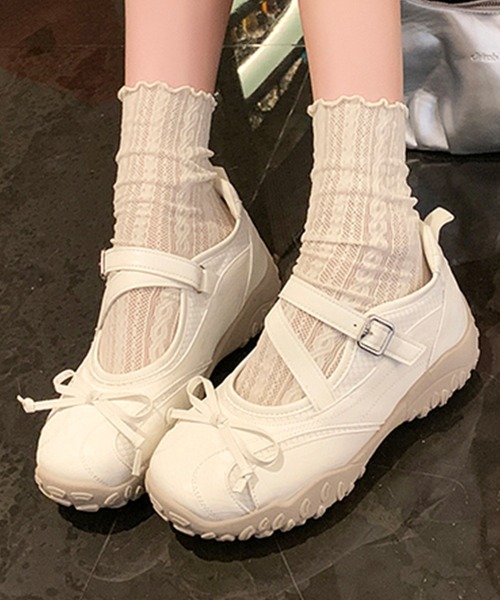 COMME des GARCONS フラットシューズ リボン 白 ラウンドトゥ Lace Ladies（レースレディース） スニーカー ラウンドトゥ リボン