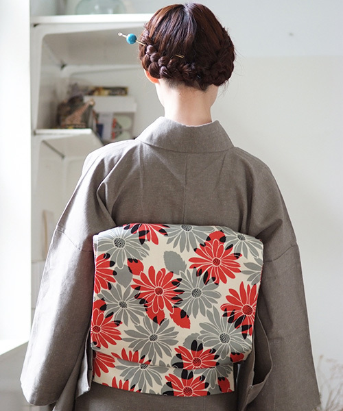 KIMONOMACHI 木綿名古屋帯単品「オレンジレッド×グレー マーガレット