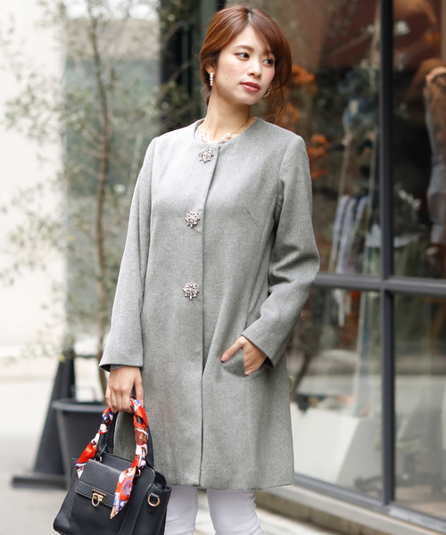 ElegChic コート チェスターコート ビジューボタン ノーカラー コート