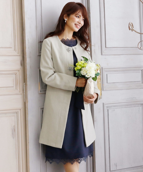 ElegChic コート チェスターコート ビジューボタンノーカラー