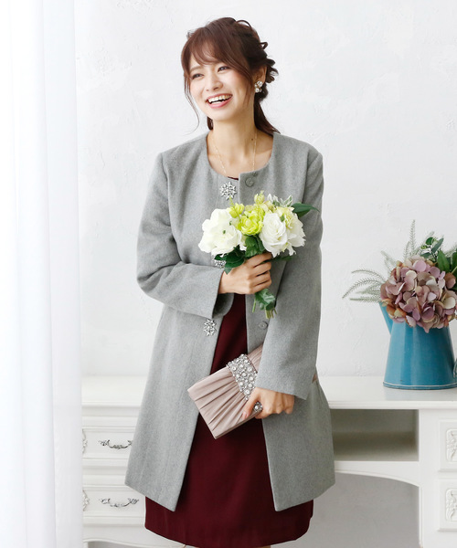 美品　チェスティーコート　ビジューデザイン ElegChic コート チェスターコート ビジューボタンノーカラー