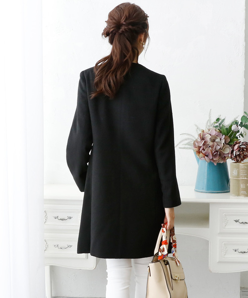 ElegChic コート チェスターコート ビジューボタンノーカラー