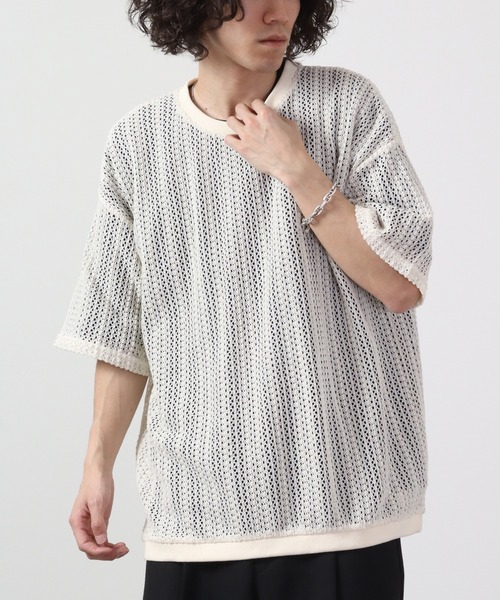 ATELANE tシャツ ルーズシルエット透かし編み半袖Tシャツ メンズ