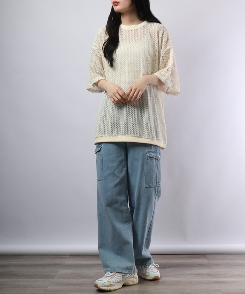 ATELANE tシャツ ルーズシルエット透かし編み半袖Tシャツ メンズ