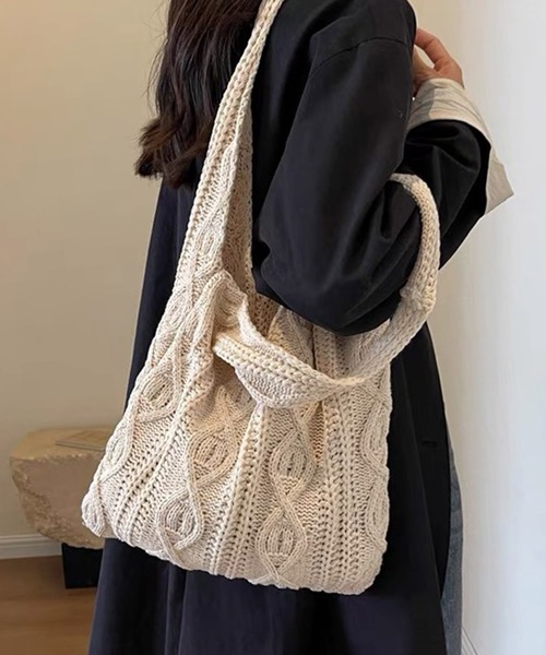 shopnikoniko トートバッグ ケーブル編み ニット トライアングル