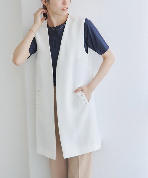 SALE★美品【アナイ】白 エアロラッセルポケット パールボタン ジレ ベスト SALE☆美品【アナイ】白 エアロラッセルポケット パールボタン ジレ