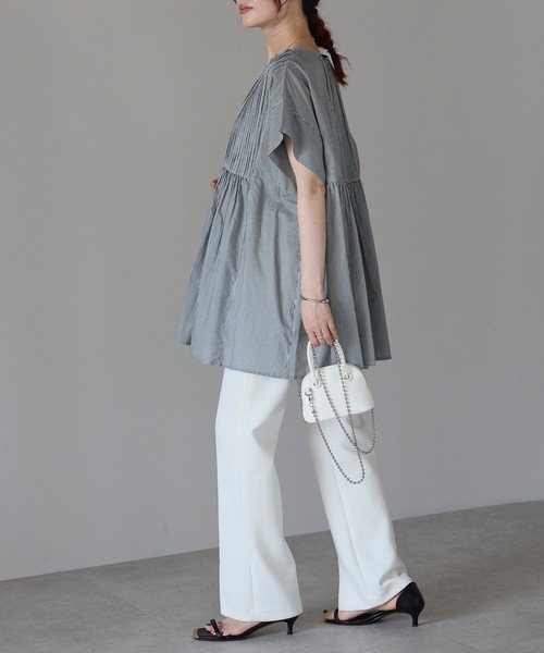 ＆HALF ブラウス シャツ フロントギャザーブラウス(ストライプ